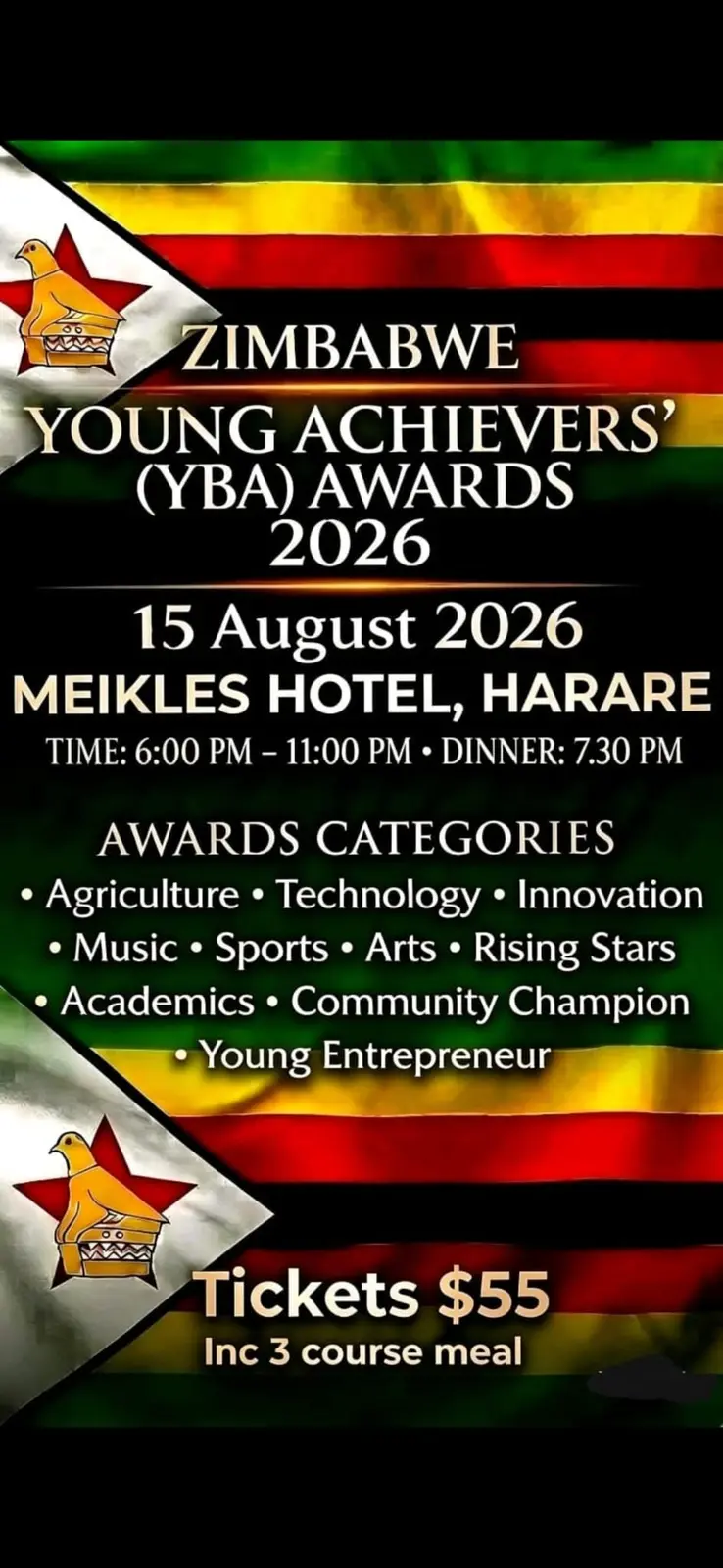 Zimbabwe Young Achievers Awards banner listing arts and music categories